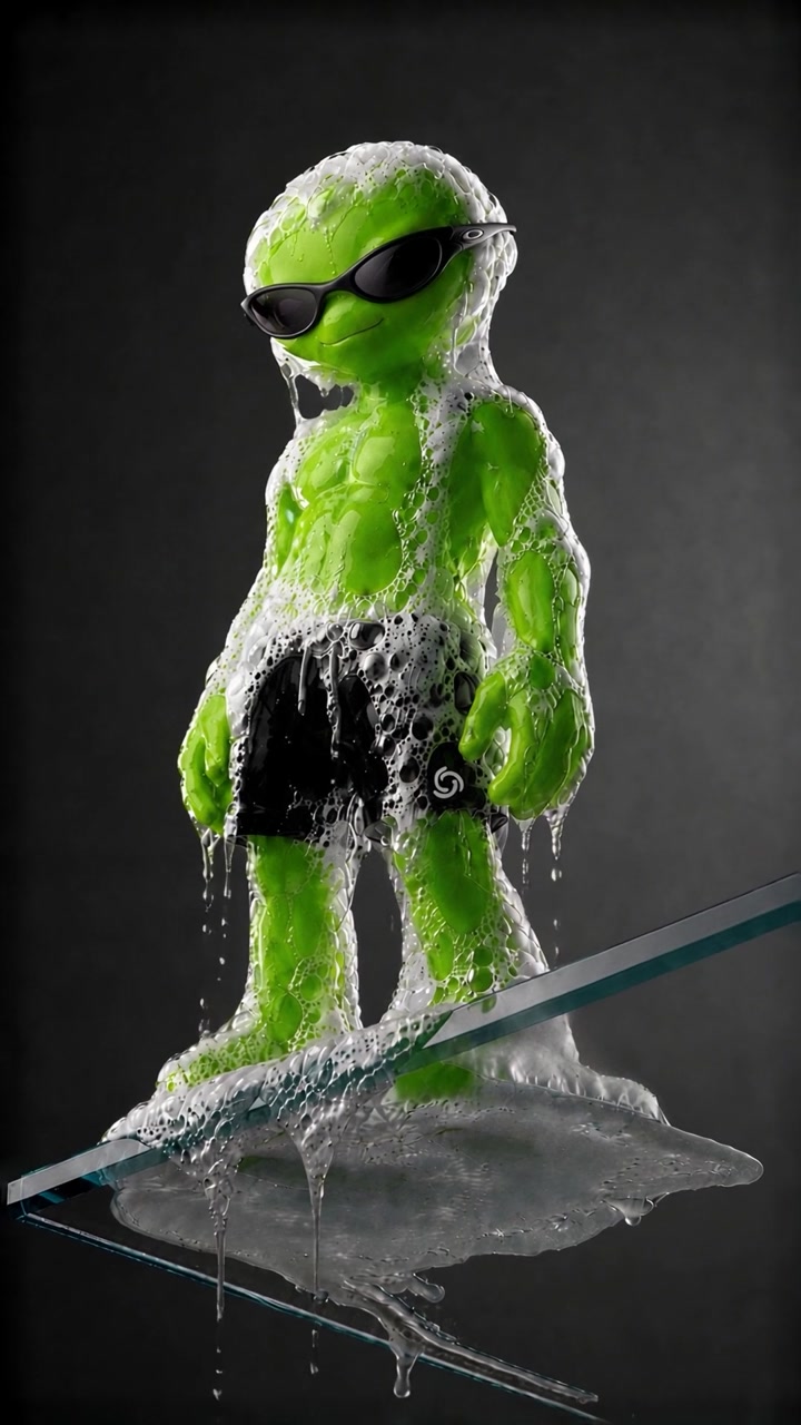 Personagem conceitual verde com óculos escuros e espuma, mostrado no Reels.